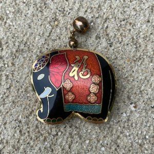 Vintage Cloisonne Black Elephant Pendant, Enamel & Gold Tone Metal, Puffed